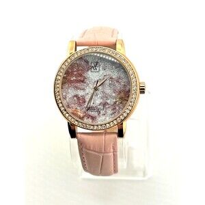 VICTORIA WIECK Womens Wrist Watch Pink Rose Gold Crystals Leather Band Sparkle